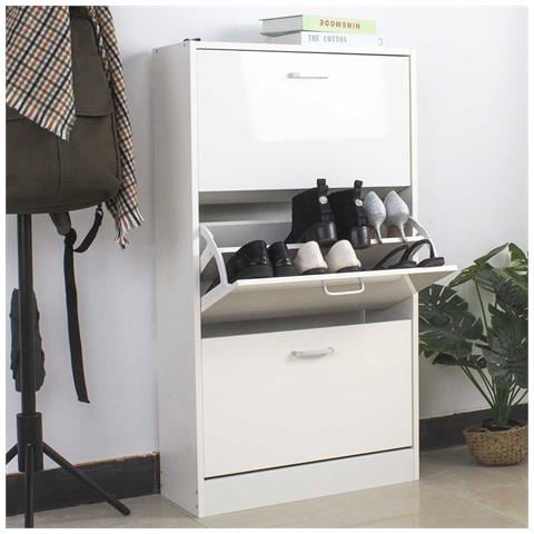 Scarpiera 3 Ante Ripiani Doppia Profondita In Legno 59x22x105 Cm Bianco Lucido - Foto 1