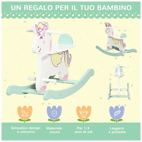 Cavallo A Dondolo Per Bambini 1-3 Anni Con Maniglie, Schienale E Pedali In Mdf, 68l X 27p X 47.5a Cm, Multicolore - Foto 2