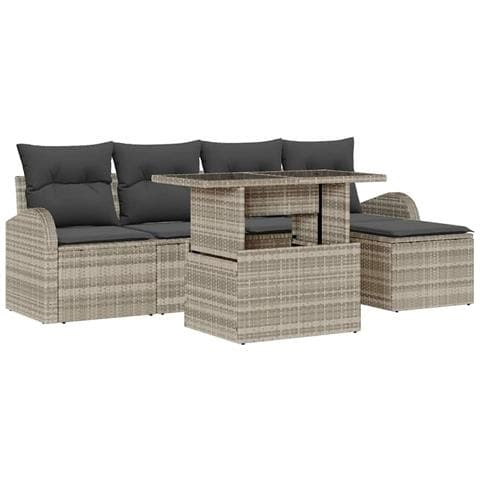 Set divani giardino  6 pezzi con cuscini Grigio chiaro Polirattan, Divano giardino  2 posti con contenitore e cuscini Grigio chiaro Polirattan - Foto 1