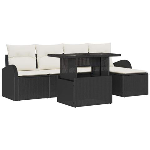 Set divano da giardino da 6 pezzi con cuscini in polyrattan nero, Divano da giardino da 2 posti con storage e cuscini in polyrattan nero - Foto 1