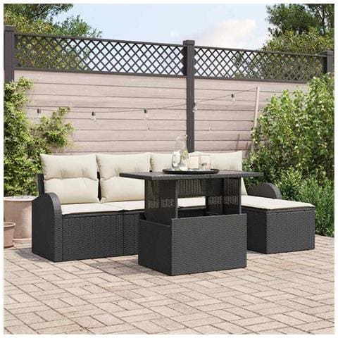 Set divano da giardino da 6 pezzi con cuscini in polyrattan nero, Divano da giardino da 2 posti con storage e cuscini in polyrattan nero - Foto 2