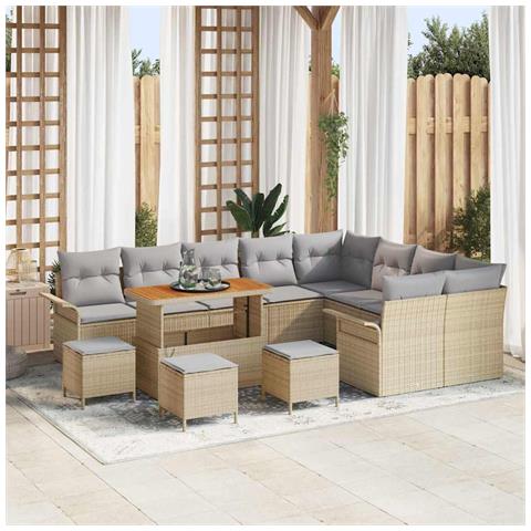 Set divano da giardino da 13 pezzi con cuscini beige in polyrattan acacia,  Set da pranzo da giardino da 4 pezzi con cuscini beige in polyrattan acacia,  Divano da giardino da 2 posti con cuscini beige in polyrattan - Foto 2