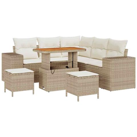 Set Divano Giardino 8 Pezzi con Cuscini Beige in Rattan PE e Acacia, Set da Pranzo Giardino 3 Pezzi con Cuscini Beige in Rattan PE e Acacia - Foto 1