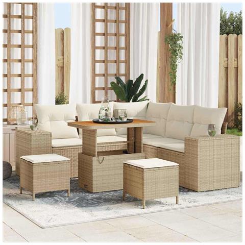Set Divano Giardino 8 Pezzi con Cuscini Beige in Rattan PE e Acacia, Set da Pranzo Giardino 3 Pezzi con Cuscini Beige in Rattan PE e Acacia - Foto 2