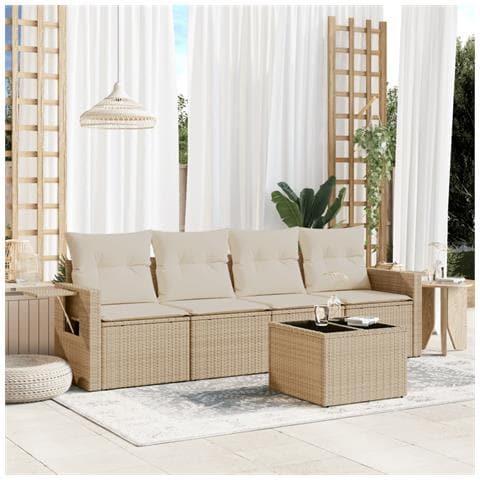 Set Divano da Giardino 5 pz con Cuscini Beige in Polyrattan - Foto 2