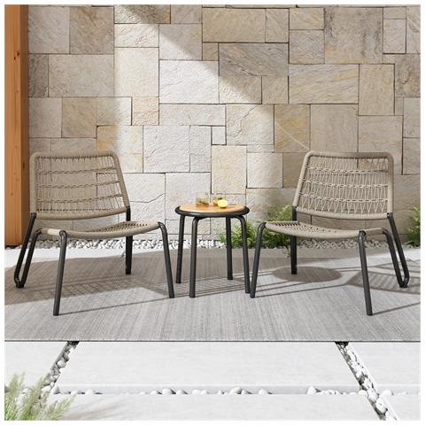 3 Pezzi Set Di Mobili Da Balcone, Corda Intrecciata A Mano, Piano Del Tavolo In Legno Massello, Adatto Per Patio E Giardino, Acciaio Zincato, Beige - Foto 2