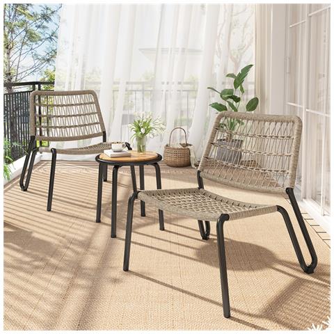 3 Pezzi Set Di Mobili Da Balcone, Corda Intrecciata A Mano, Piano Del Tavolo In Legno Massello, Adatto Per Patio E Giardino, Acciaio Zincato, Beige - Foto 1
