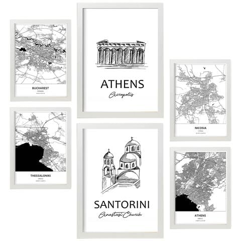 Set Di 6 Stampe Stampe Di Mappe E Monumenti D'europa In Bianco E Nero Per L'arredamento Della Tua Casa, Azienda E Ufficio A3 & A4 Cornice Bianca - Foto 1