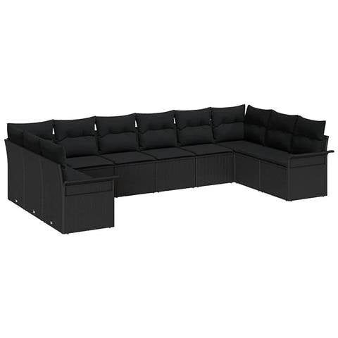 Set di divano da giardino 10 pezzi con cuscini nero polyrattan, Divano da giardino a 2 posti con spazio per riporre e cuscini nero polyrattan - Foto 1