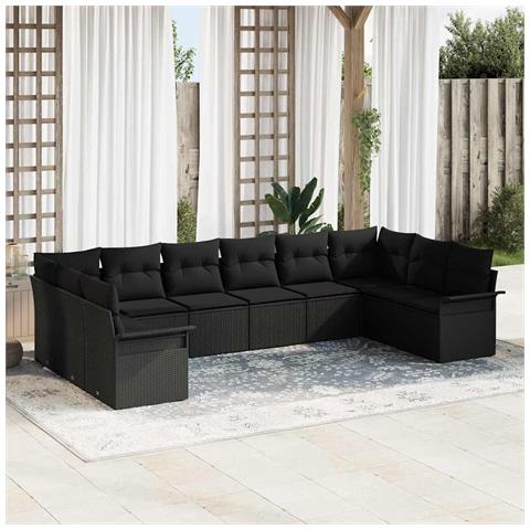 Set di divano da giardino 10 pezzi con cuscini nero polyrattan, Divano da giardino a 2 posti con spazio per riporre e cuscini nero polyrattan - Foto 2