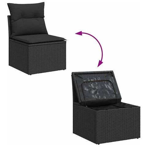 Set di divano da giardino 10 pezzi con cuscini nero polyrattan, Divano da giardino a 2 posti con spazio per riporre e cuscini nero polyrattan - Foto 9