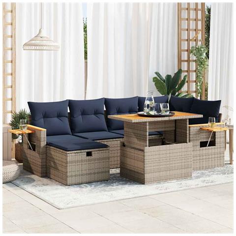 Set Divani da Giardino con Cuscini 7pz Nero Polyrattan Acacia - Foto 2