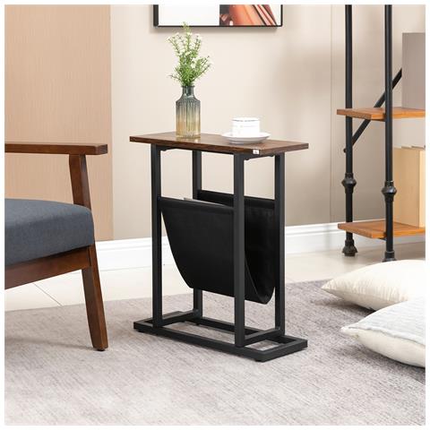 Tavolino Da Salotto In Truciolato E Acciaio Con Borsa Portaoggetti In Tessuto Oxford, 49x19x55 Cm, Marrone E Nero - Foto 2