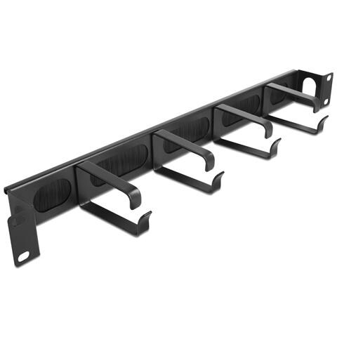 DeLOCK Striscia di spazzole per la gestione dei cavi con 4 ganci e ingresso cavi laterale 1U nero da 19?, Supporto per cavo, Supporto, Metallo, Nylon, Nero - Foto 1