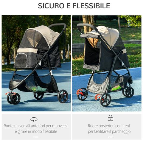 Passeggino per Cani Piccoli Pieghevole a 3 Ruote con Copertura Antipioggia e Cestino, Cachi - Foto 6