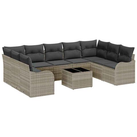 Set di Divani da Giardino  di 10 Pezzi con Cuscini Grigio Polyrattan, Divano da Giardino  per 2 Persone con Cuscini Grigio Chiaro Polyrattan - Foto 1