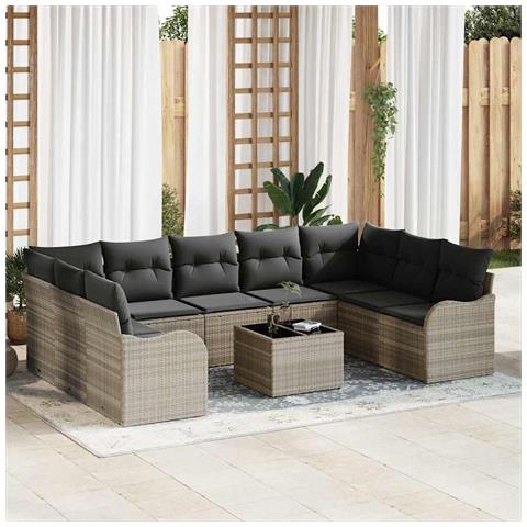 Set di Divani da Giardino  di 10 Pezzi con Cuscini Grigio Polyrattan, Divano da Giardino  per 2 Persone con Cuscini Grigio Chiaro Polyrattan - Foto 2