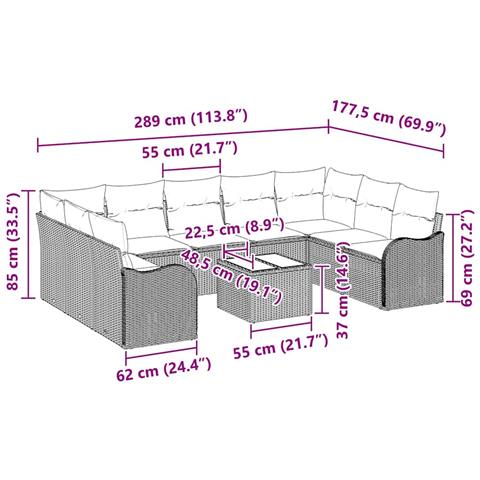 Set di Divani da Giardino  di 10 Pezzi con Cuscini Grigio Polyrattan, Divano da Giardino  per 2 Persone con Cuscini Grigio Chiaro Polyrattan - Foto 9