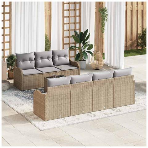 Set Divano Giardino 8 Pezzi Con Cuscini Beige In Rattan Polipropilene, Divano Giardino 2 Posti Con Ripostiglio e Cuscini Beige In Rattan Polipropilene - Foto 2