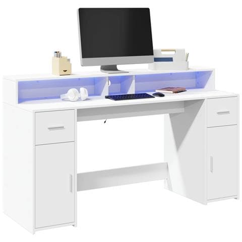 Scrivania con Luci LED Bianca 160x55x91 cm in Legno Multistrato - Foto 2