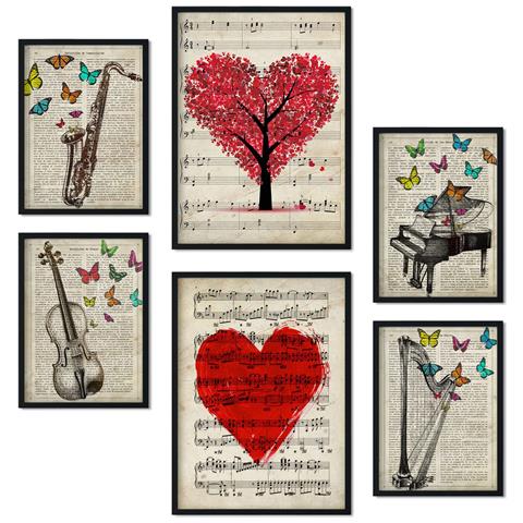 Set Di 6 Stampe Collezione Di Dischi Musicali D'epoca Con Collage Estetico Per La Decorazione D'interni A3 & A4 Cornice Nera - Foto 1