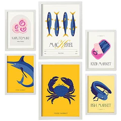 Set Di 6 Stampe Cibo E Nutrizione Frutti Di Mare Natura E Stampe Botaniche Per L'interior Design A3 & A4 Cornice Bianca - Foto 1