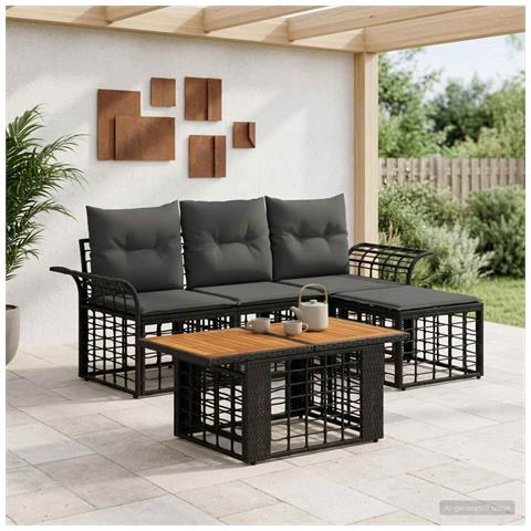Set Divano da Giardino 5 pz Nero e Grigio scuro polyrattan - Foto 2