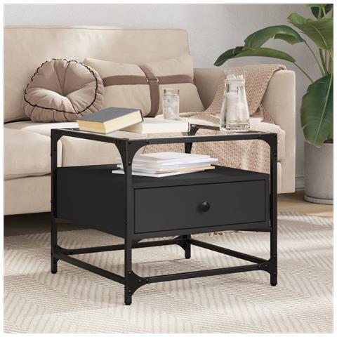 Tavolino Con Piano In Vetro Nero 50x50x45 Cm Acciaio - Foto 1