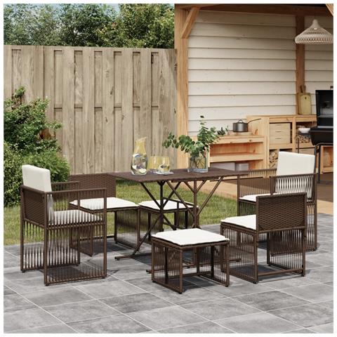 Set da Pranzo da Giardino 7pz con Cuscini in Polyrattan Marrone - Foto 10