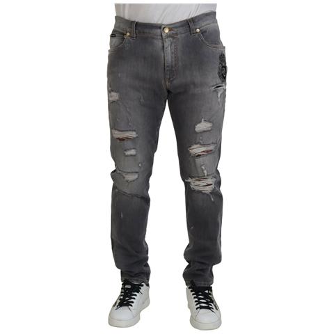 Jeans In Denim Di Cotone Strappato Con Ricamo Grigio - It54 - Xl - Foto 1