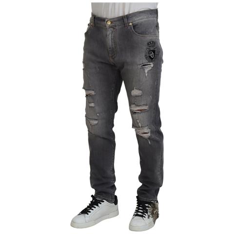 Jeans In Denim Di Cotone Strappato Con Ricamo Grigio - It54 - Xl - Foto 2