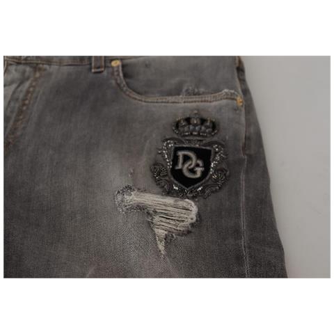 Jeans In Denim Di Cotone Strappato Con Ricamo Grigio - It54 - Xl - Foto 5