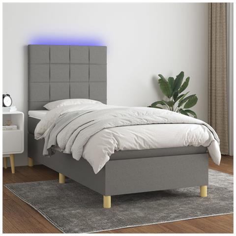 Letto a Molle Materasso e LED Grigio Scuro 90x190 cm in Tessuto - Foto 2