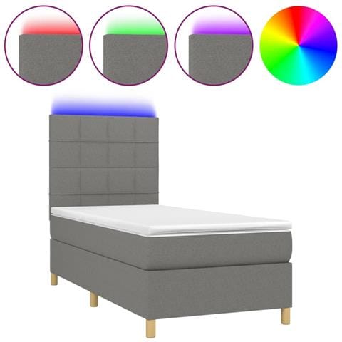 Letto a Molle Materasso e LED Grigio Scuro 90x190 cm in Tessuto - Foto 1
