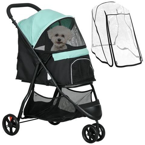 Passeggino per Cani Piccoli Pieghevole a 3 Ruote con Copertura Antipioggia e Cestino, Verde - Foto 1