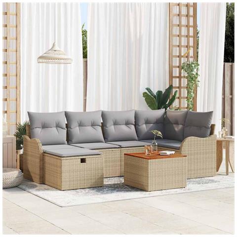 Set Divano da Giardino  da 7 Pezzi con Cuscini Beige Polyrattan, Divano da Giardino  2-Persone con Cuscini Beige Polyrattan - Foto 2