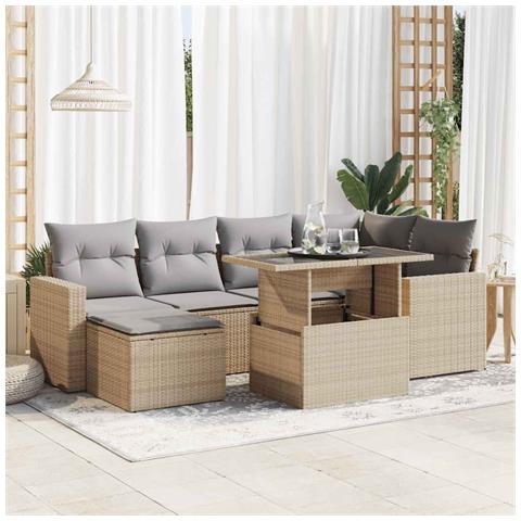 Set Divani da Giardino 7 pz con Cuscini Beige in Polyrattan - Foto 2
