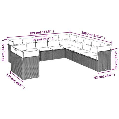 Set Divani da Giardino 11 pz con Cuscini in Polyrattan Grigio - Foto 3