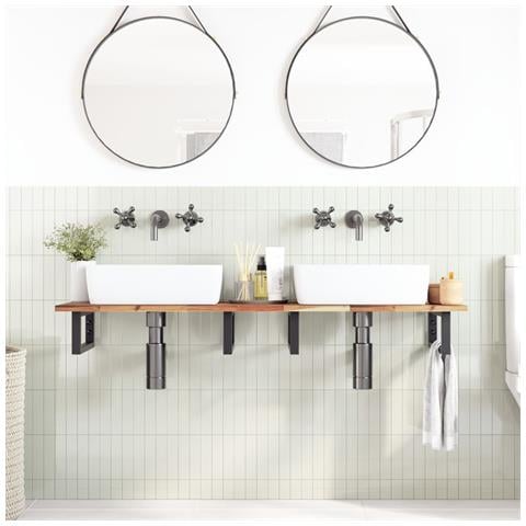 Ripiano A Parete Per Lavabo In Acciaio E Massello Di Acacia - Foto 2