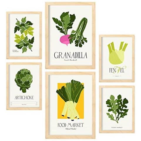 Set Di 6 Stampe Cibo E Nutrizione Verdure Verdi Natura E Stampe Botaniche Per L'interior Design A3 & A4 Telaio In Legno Chiaro - Foto 1