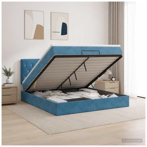 Letto ottomano con materasso Blu Scuro 140 x 190 cm Velluto - Foto 2