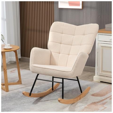 Poltrona A Dondolo Imbottita In Legno E Acciaio Per Soggiorno E Camera Da Letto, 71x98x101 Cm, Beige - Foto 6