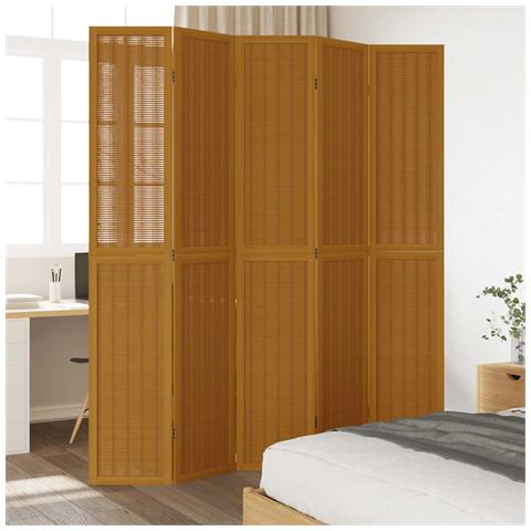 Divisorio Ambienti 5 Pannelli Marrone Legno Massello Paulownia - Foto 3