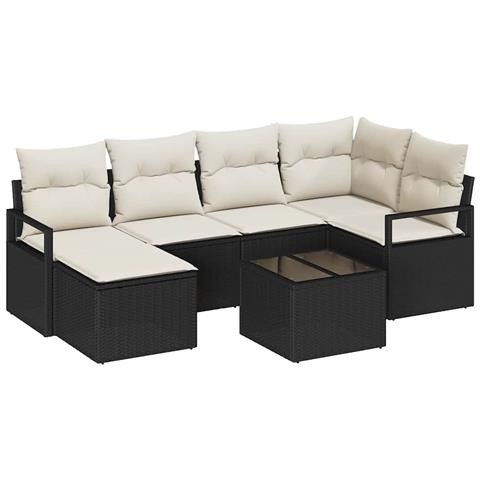 Set divani giardino  6 pezzi con cuscini in polyrattan marrone, Divano giardino  2 posti con cuscini in polyrattan nero - Foto 1