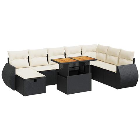 Set Divani da Giardino 9 pz con Cuscini Nero Polyrattan Acacia - Foto 1
