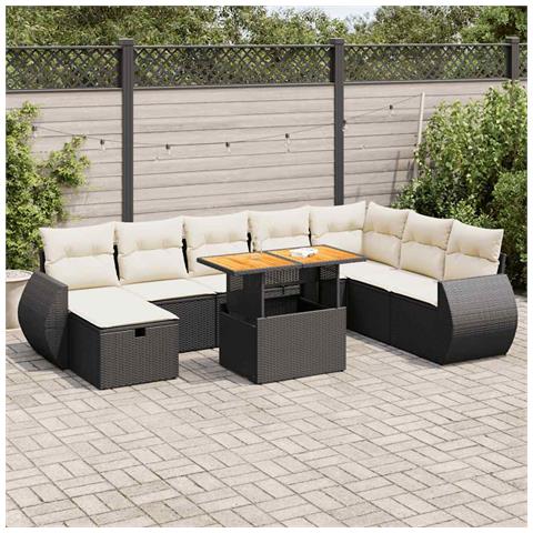Set Divani da Giardino 9 pz con Cuscini Nero Polyrattan Acacia - Foto 2