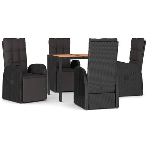 Set Pranzo Giardino 5pz Nero Polyrattan Legno Massello Acacia - Foto 1
