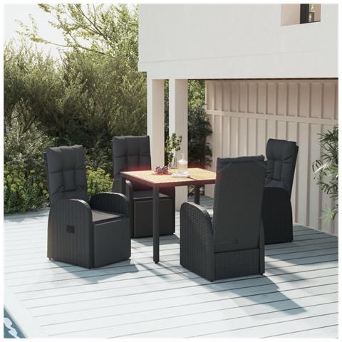 Set Pranzo Giardino 5pz Nero Polyrattan Legno Massello Acacia - Foto 2