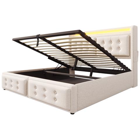 Letto Imbottito In Cotone-lino Beige Con Led E Prese Integrate - Foto 3