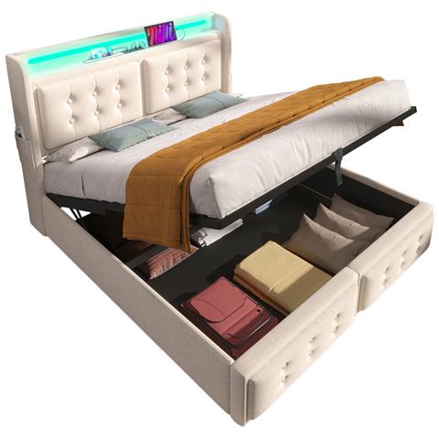 Letto Imbottito In Cotone-lino Beige Con Led E Prese Integrate - Foto 1